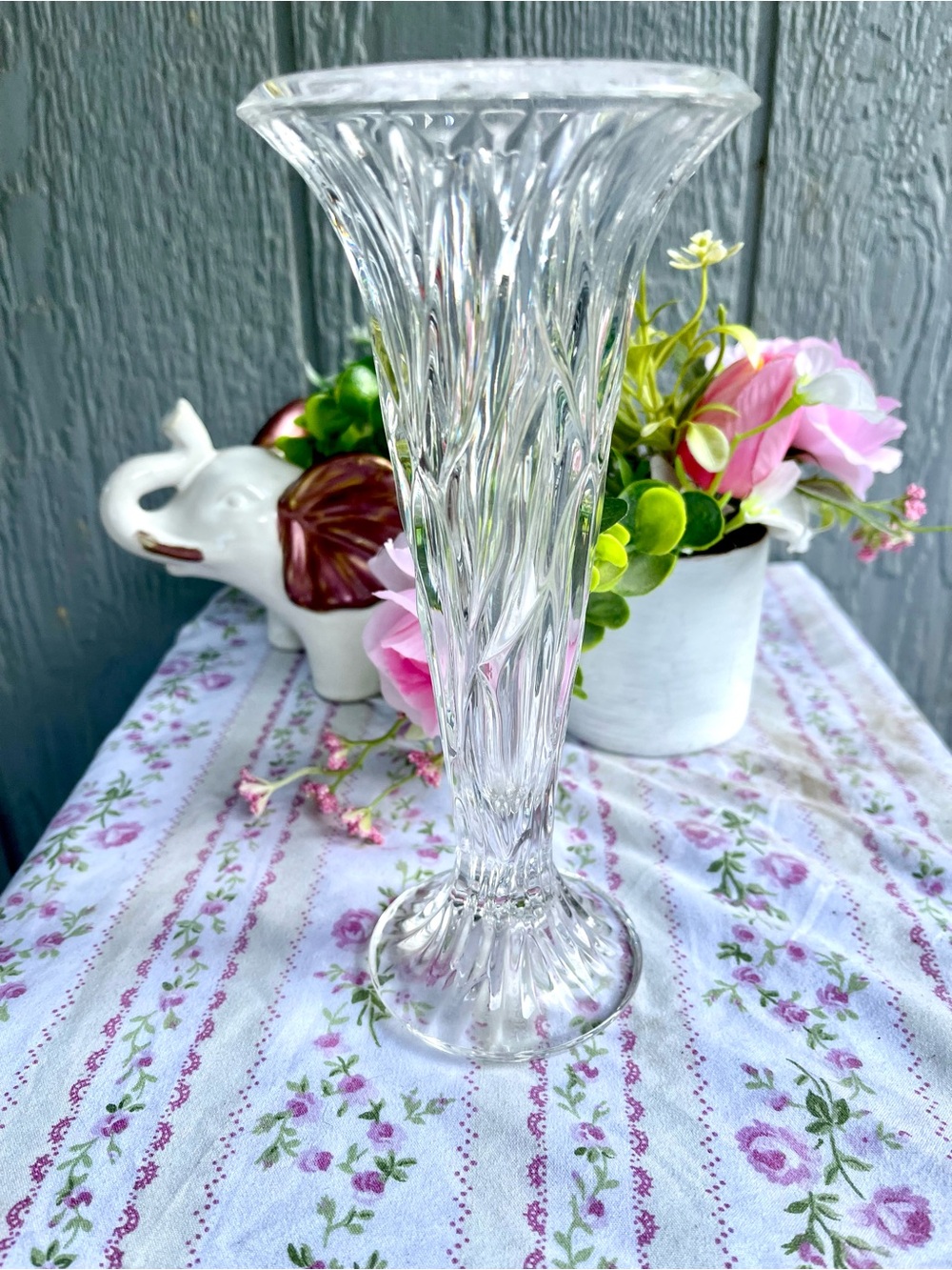 Vintage Cut Lead Crystal Trumpet Vase Palm/feather pattern flared pedestal heavy